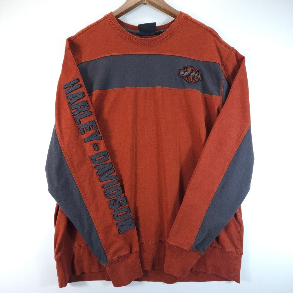 Harley Davidson Sweatshirt Men XL Orange Grey Long Sleeve Biker Rider Cotton